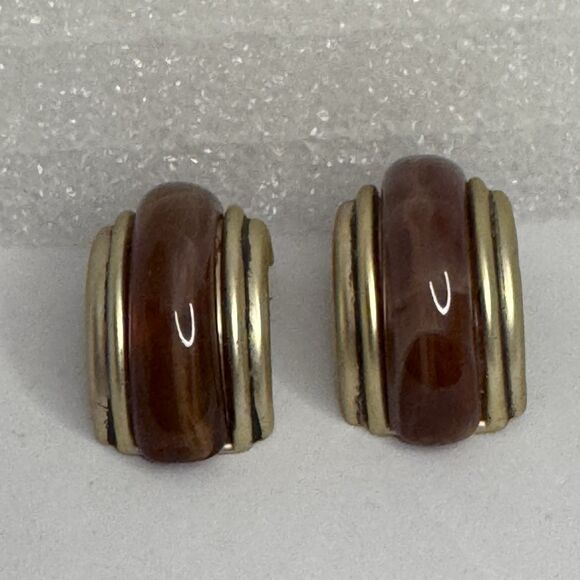 Vintage Gold Tone & Brown Chunky Clip On Earrings Retro Fashion Jewelry - Picture 1 of 4